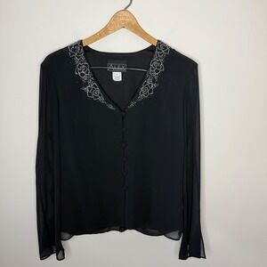 Women's Alex Evenings Black Jeweled Sheer Sleeves Button Down Top Jacket Size L